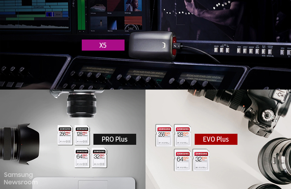 SSD X5와 SD카드 PRO Plus, EVO Plus가 포함된 라이프스타일 컷 콜라주