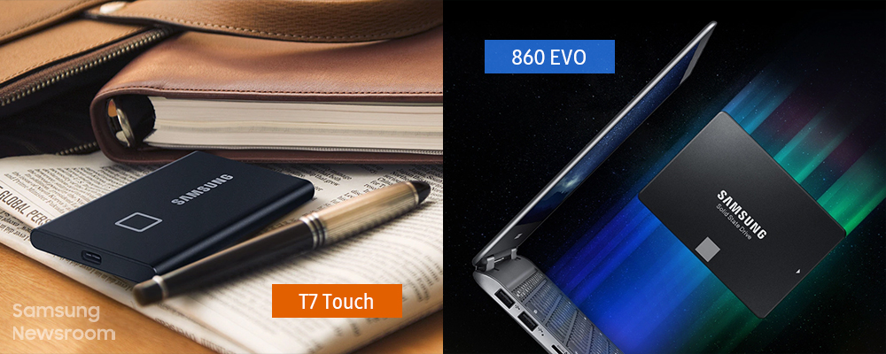 SSD T7 Touch와 860 EVO가 포함된 라이프스타일 컷 콜라주