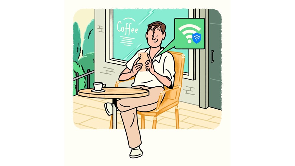 Ilustração de um rapaz sentado em uma cadeira de restaurante enquanto mexe em seu smartphone Samsung Galaxy A53 5G