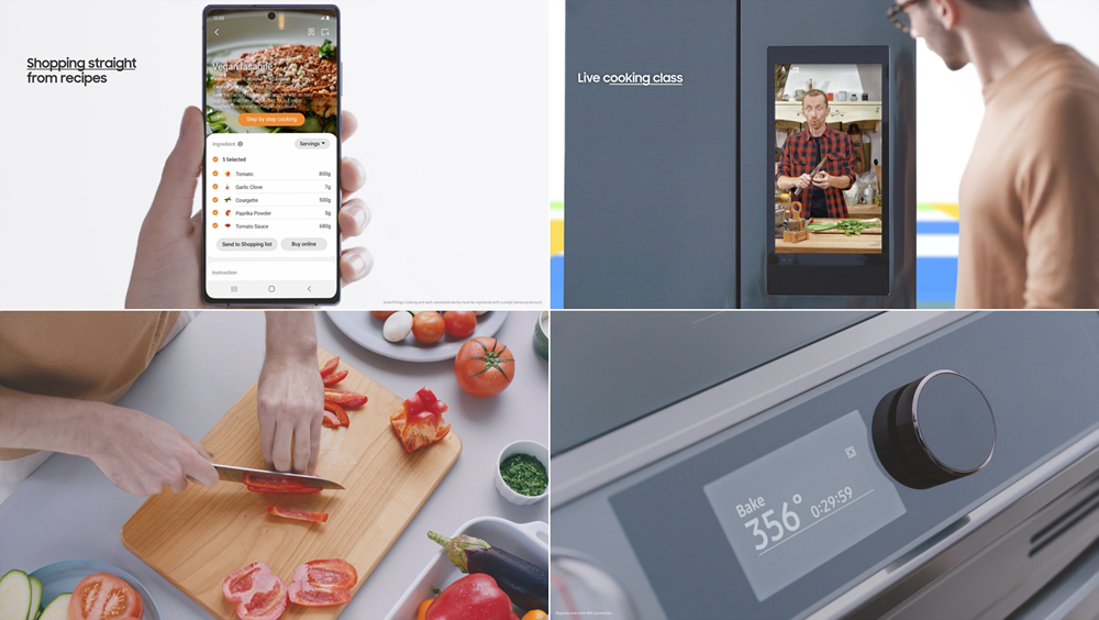 프레스 컨퍼런스 이미지 스마트폰, 냉장고 UI 화면, 도마에서 칼질하는 모습, 요리하는 기계의 시계