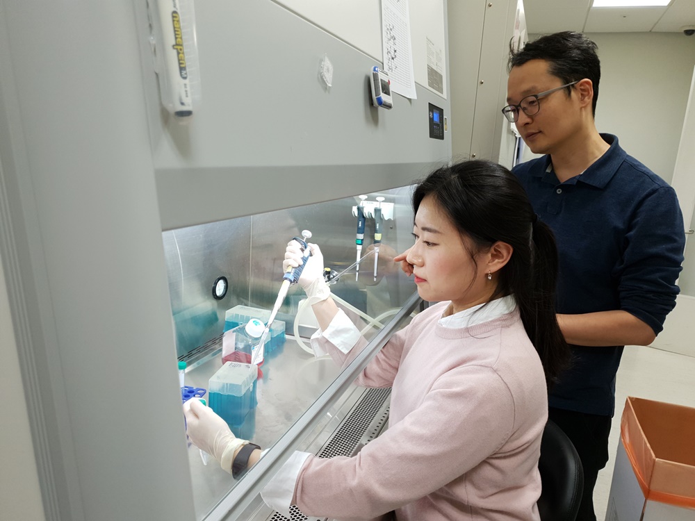 연세대학교 의과대학 김형범 교수(오른쪽)팀이 DNA 염기 서열 변화에 관한 실험을 하고 있다.