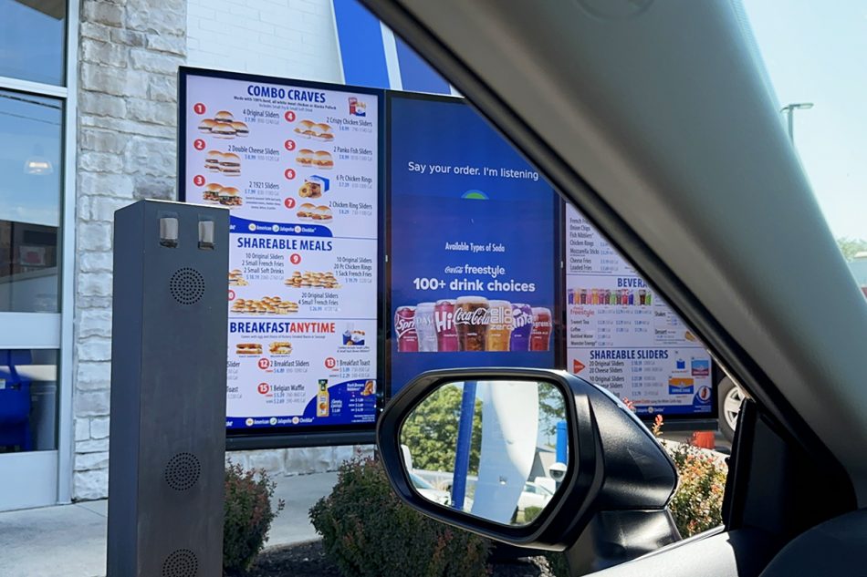 samsung soundhound white castle menu board as seen from driver's seat of a car