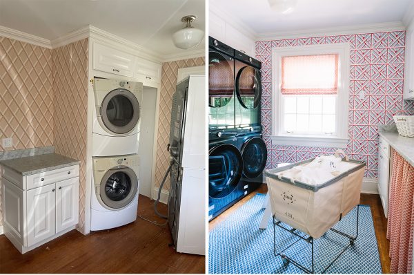 Two pictures showing laundry room makeover with Samsung washers and dryers