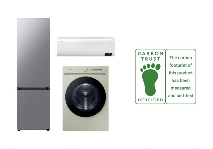 삼성전자 세탁기·냉장고·에어컨 제품과 탄소발자국 인증 로고 이미지
