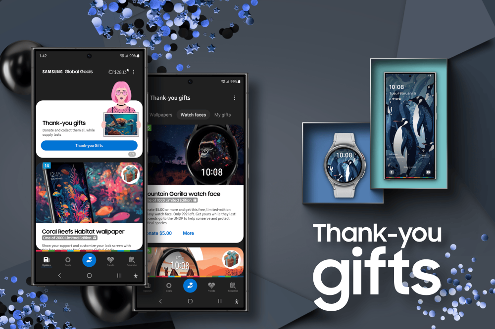 '기부 굿즈(Thank-you gifts)'는 갤럭시 사용자들이 삼성 글로벌 골즈 앱을 통해 일상 속 나눔을 실천할 수 있는 새로운 기능이다.