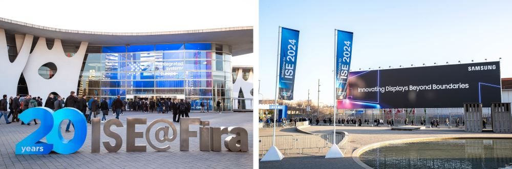 올해 20주년을 맞은 유럽 최대 디스플레이 전시회 ‘ISE 2024’가 열린 스페인 피라 바르셀로나(Fira Barcelona) 입구(좌) / 삼성전자 옥외광고 전경 (우)