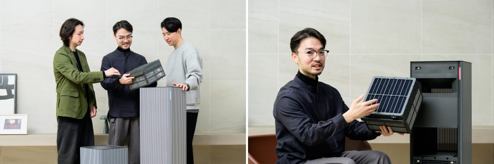 ‘인피니트 AI 공기청정기’ 디자이너 3인이 ‘인피니트 라인 필터’를 함께 살펴보고 있다(좌), 김현수 프로가 ‘인피니트 라인 필터’에 대해 설명하고 있다(우)