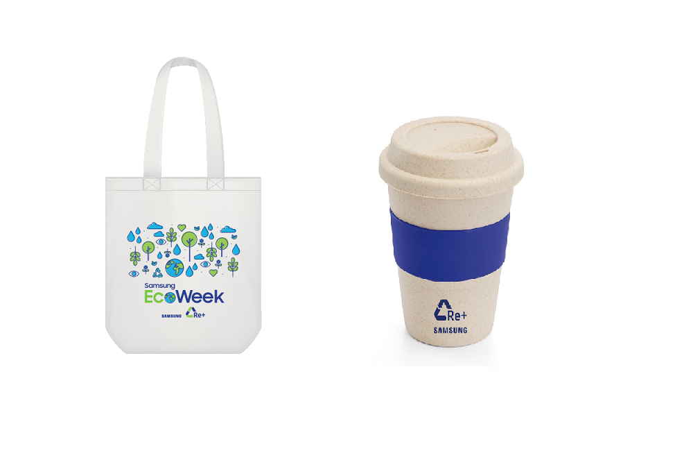 Ecobag e copo personalizado que criados pela Samsung para a EcoWeek