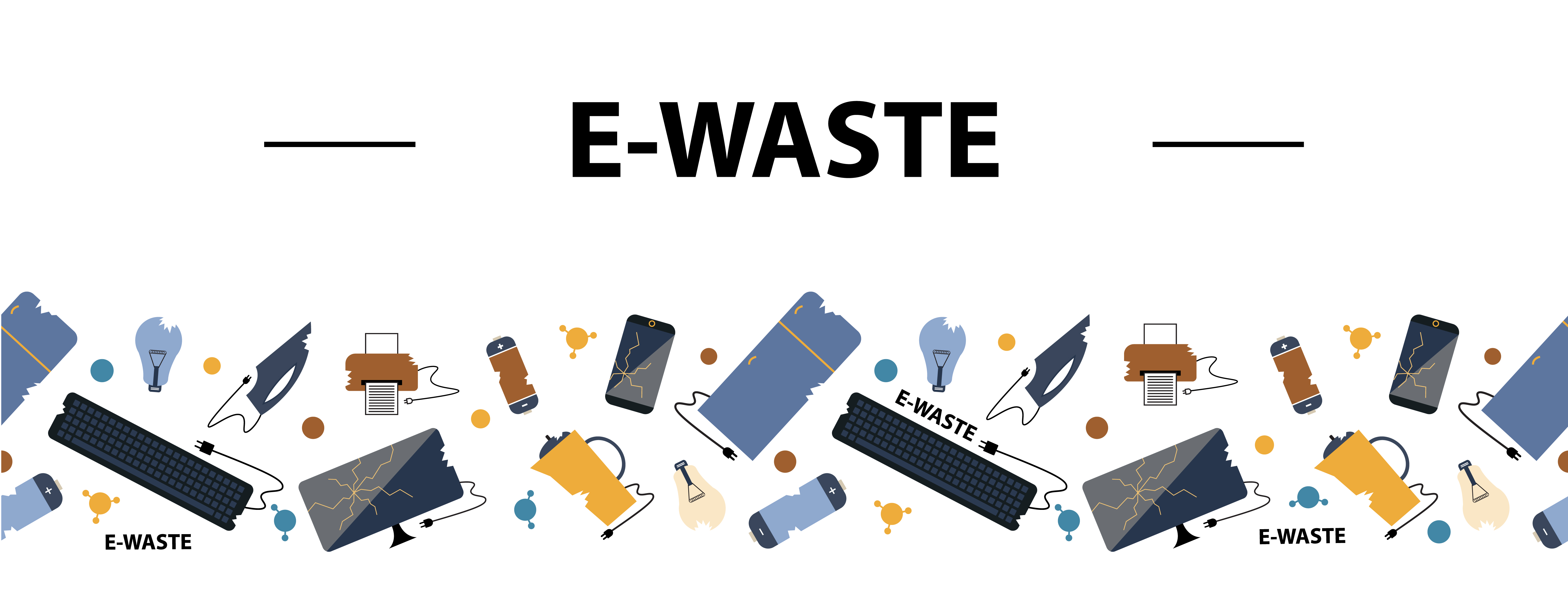 Horizontal seamless border. E-Waste sorting and recycling. Flat design style colorful illustration. Electrical waste symbols collection - computer; phone; kettle; printer; monitor; broken glass; iron, battery, keyboard, light bulb.