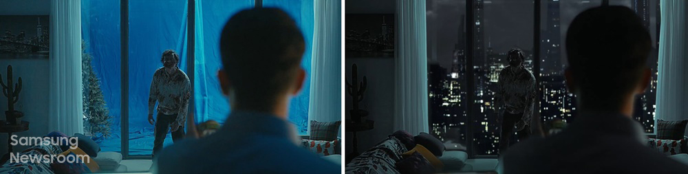▲ 영화 같은 연출을 위해 특수효과로 완성한 뉴욕 야경(왼쪽부터 CG 전, 후)
